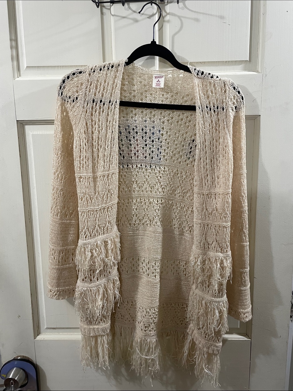 Open-Knit Fringe boho Cardigan Sweater - Cream